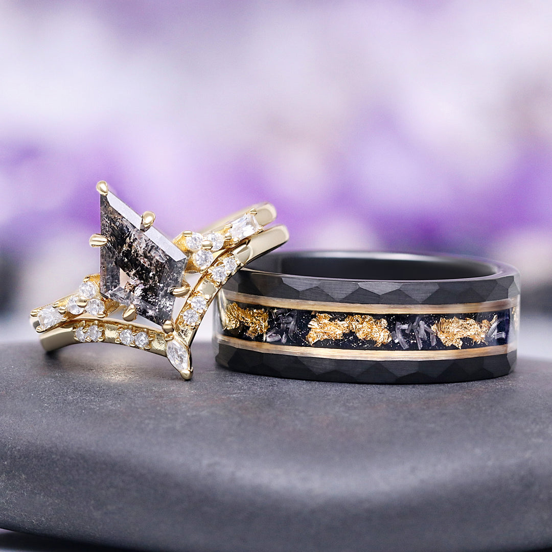 Meteorite & Gold Leaf Wedding Band in Two Tone Black Tungsten (8mm)