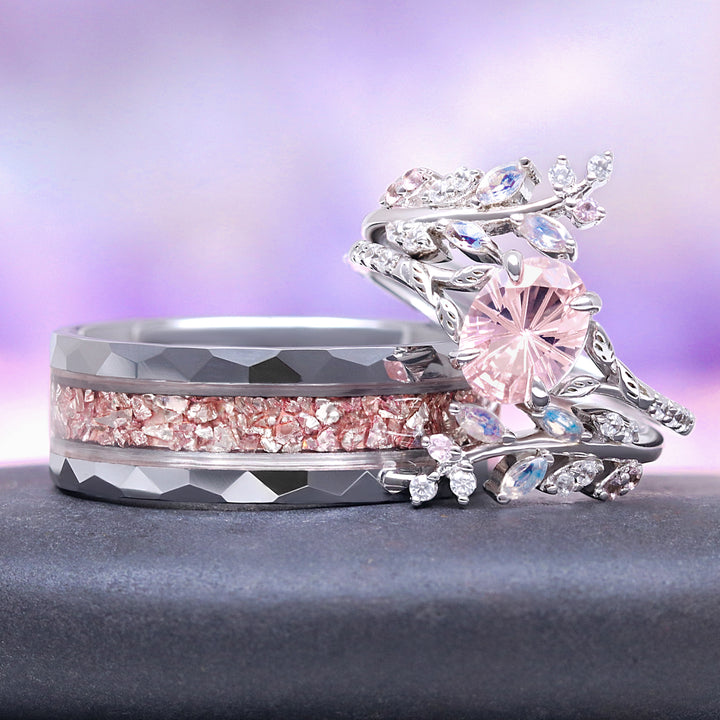Morganite Fairy Leaf Ring Set- Sterling Silver (Fantasy Cut)