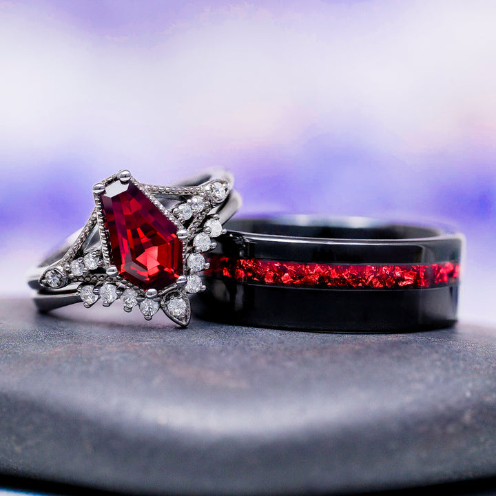 Lilith Red Garnet Coffin Ring Set in Black Ruthenium