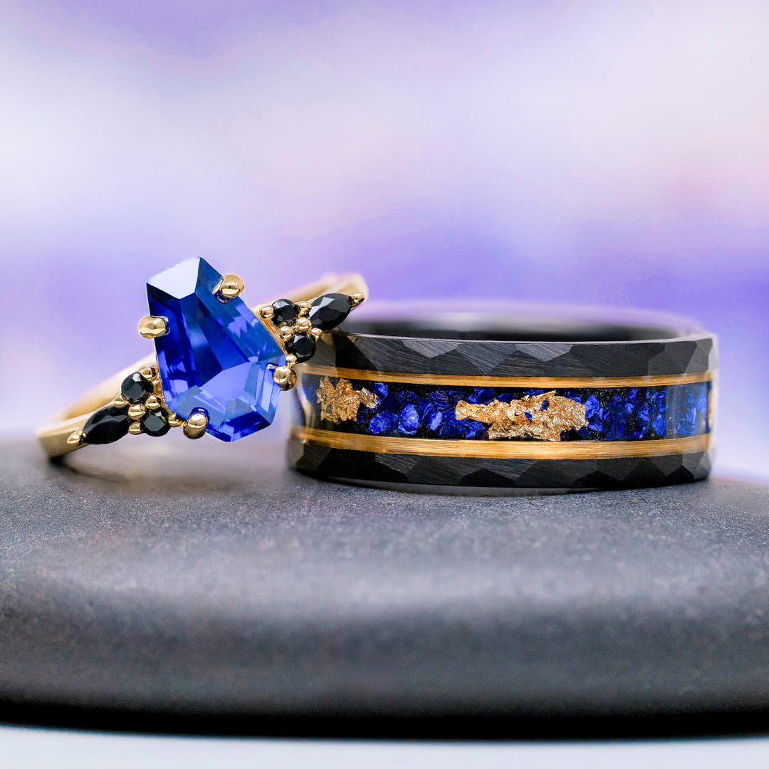 Blue Sapphire & Gold Leaf Hammered Wedding Band in Black Tungsten Carbide (8mm)