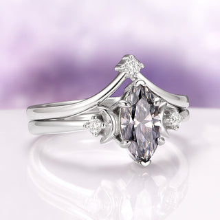 Gray Moissanite Crescent Moon Engagement Ring Set in Sterling Silver