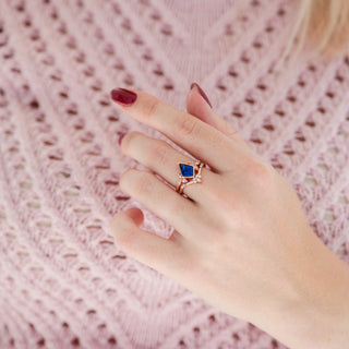 Kite Blue Sapphire Bezel Engagement Ring Set in 14K Solid Rose Gold