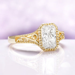 Radiant Cut Moissanite Vintage Filigree Engagement Ring in Solid 14K Yellow Gold