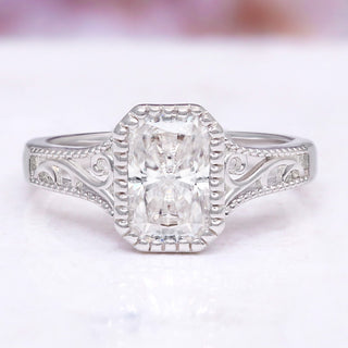 Lab Grown Diamond Engagement Ring in 14K White Gold (IGI Certified) by Aquamarise Gold, featuring a radiant-cut diamond with delicate vintage-inspired filigree on a white gold band.
