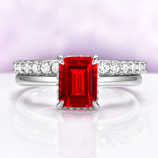 Raspberry Tourmaline Solitaire Engagement Ring in Sterling Silver by Aquamarise, featuring a radiant emerald-cut red tourmaline and diamond-accented polished band.