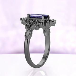 Side profile of the Ravenna Starry Night ring in black ruthenium, showing the height of the milgrain gallery under the hexagon stone