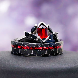 Crushed Red Garnet Dragon Men's Wedding Band in Black Tungsten (6mm) – close-up detail