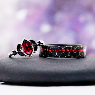 Crushed Red Garnet Dragon Men's Wedding Band in Black Tungsten (6mm) – shown on hand