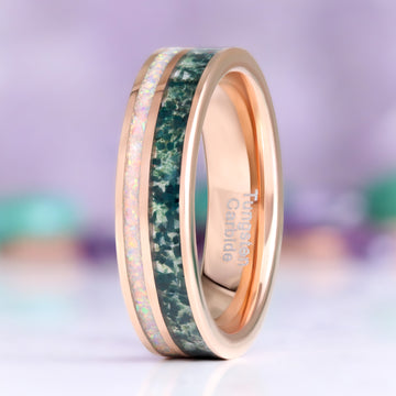 Moss Agate & Fire Opal Men's Ring in Rose Gold Tungsten by Aquamarise, upright view showing the moss agate and white opal inlay channels.