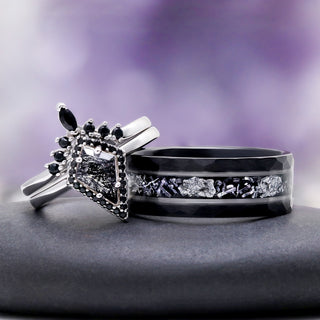 Rutilated Quartz & Meteorite Couples Ring Set by Aquamarise, matching women's and men's rings