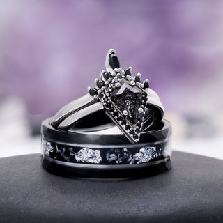 Rutilated Quartz & Meteorite Couples Ring Set by Aquamarise, both rings shown together