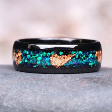 Peacock Green Fire Opal Wedding Band- 8MM Black Tungsten ring by Aquamarise featuring crushed green fire opal with copper accents inlay, a striking men's wedding band design.