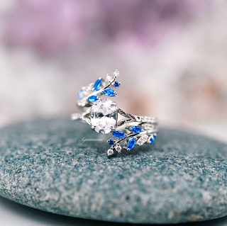 Blue Sapphire & Simulated Diamond Leaf Engagement Ring Set in Sterling Silver