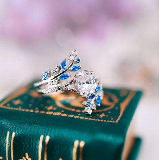 Lab-Grown Diamond & Blue Sapphire Leaf Engagement Ring Set in 14K White Gold (IGI Certified)