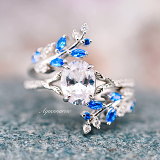 Blue Sapphire & Simulated Diamond Leaf Engagement Ring Set in Sterling Silver