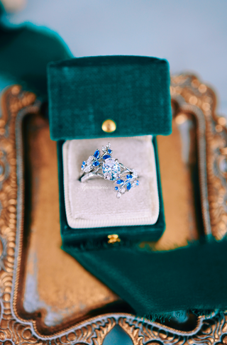 Lab-Grown Diamond & Blue Sapphire Leaf Engagement Ring Set in 14K White Gold (IGI Certified)