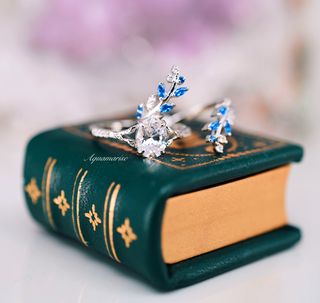 Lab-Grown Diamond & Blue Sapphire Leaf Engagement Ring Set in 14K White Gold (IGI Certified)