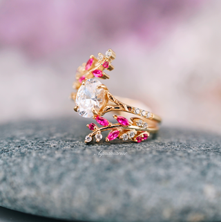 Simulated Diamond & Ruby Leaf Engagement Ring Set in 14K Yellow Gold Vermeil