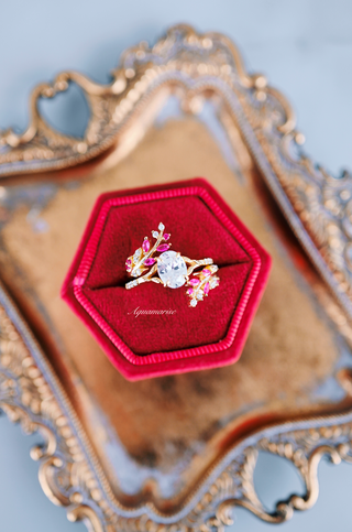 Simulated Diamond & Ruby Leaf Engagement Ring Set in 14K Yellow Gold Vermeil