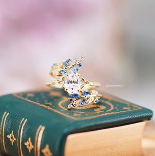 Blue Sapphire and Diamond Leaf Ring Guard in 14K Solid Yellow Gold