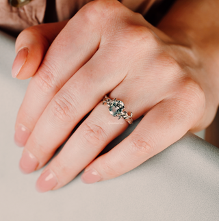 Natural Green Moss Agate Leaf Engagement Ring in Sterling Silver