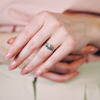 Natural Green Moss Agate Leaf Engagement Ring in Sterling Silver