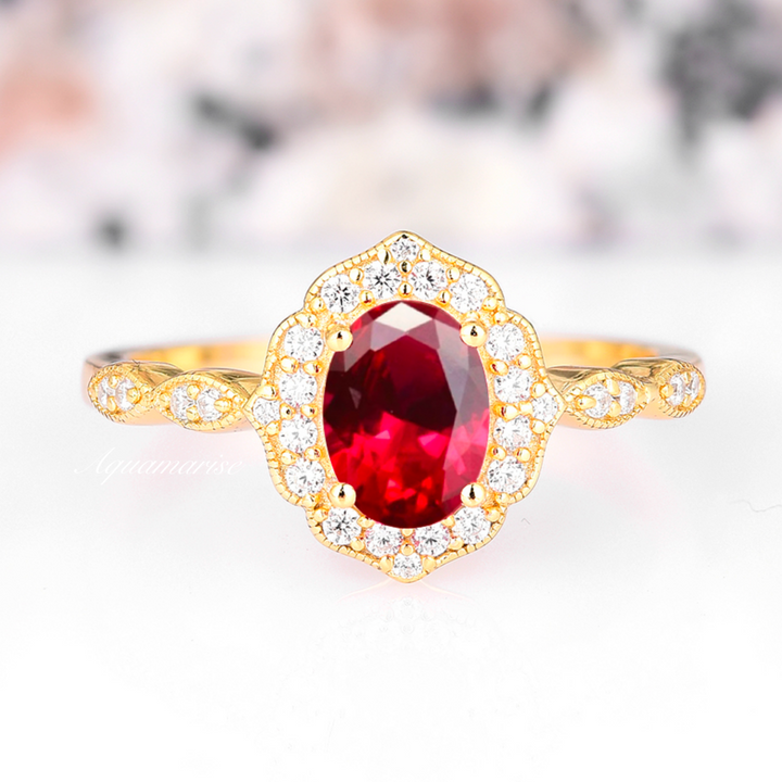 Cordelia Vintage Ruby Engagement Ring- 14K Solid Yellow Gold