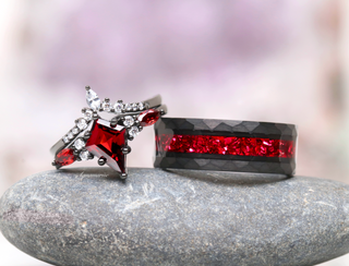 Crushed Red Garnet Hammered Wedding Band in Black Tungsten Carbide (8mm)