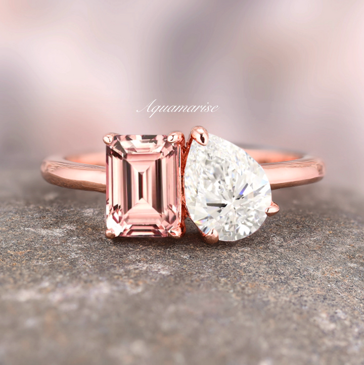 Toi Et Moi Morganite and Moissanite Ring- 14K Solid Rose Gold