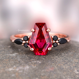 Coffin Cut Ruby and Rose Gold Leaf Couples Ring Set