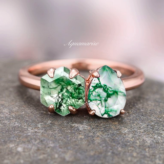Toi Et Moi Green Moss Agate Ring in 14K Rose Gold Vermeil