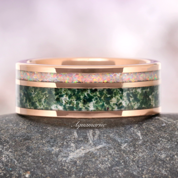 Moss Agate & Fire Opal Wedding Band- 8MM Rose Gold Tungsten by Aquamarise featuring green moss agate and white fire opal inlays, part of men’s rose gold wedding bands and birthstone jewelry collections.