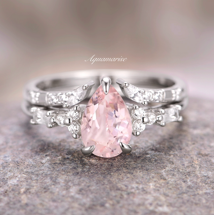 Blush Pink Teardrop Morganite Ring Set- 925 Sterling Silver