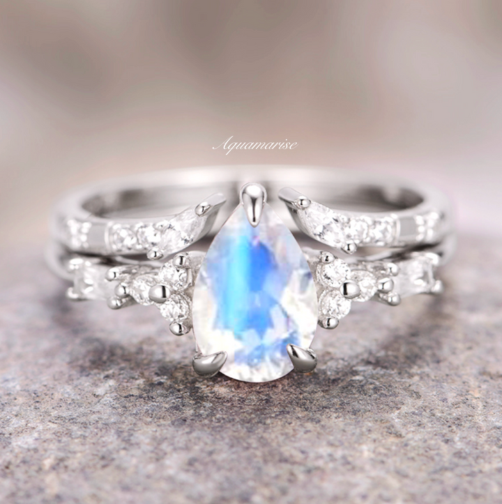 Teardrop Natural Moonstone Ring Set- 14K White Gold