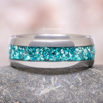 Aquamarine Wedding Band- 8MM Tungsten by Aquamarise featuring crushed aquamarine inlay set in a polished silver tungsten band, showcased on textured stone for men's birthstone and inlay jewelry collections.