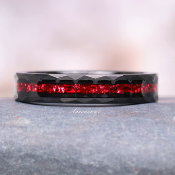 Crushed Red Garnet Wedding Band- 4MM Black Tungsten featuring a hammered black tungsten band with vibrant crushed red garnet inlay by Aquamarise, perfect for unique men’s or women’s wedding rings.