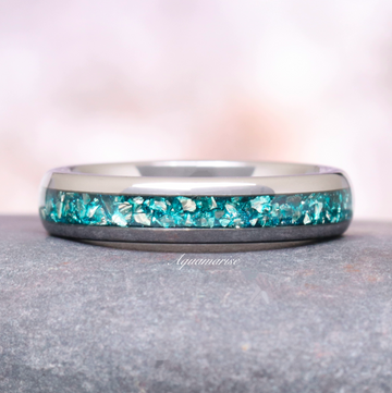 Crushed Aquamarine Wedding Band- 4MM Tungsten featuring a polished band with vibrant crushed aquamarine inlay by Aquamarise, perfect for distinctive March Birthstone and wedding jewelry.