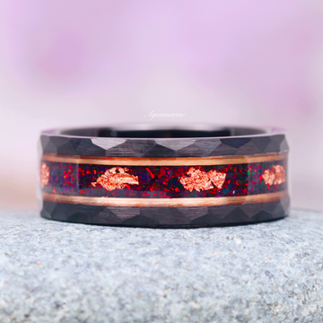 Black Fire Opal & Rose Gold Leaf Wedding Band- 8MM Rose Gold/ Black Tungsten featuring a faceted black tungsten carbide band with a vibrant red fire opal inlay accented by rose gold leaf strips, crafted by Aquamarise from collections including Men's Wedding Bands, October Birthstone, and Two-Tone Wedding Band.