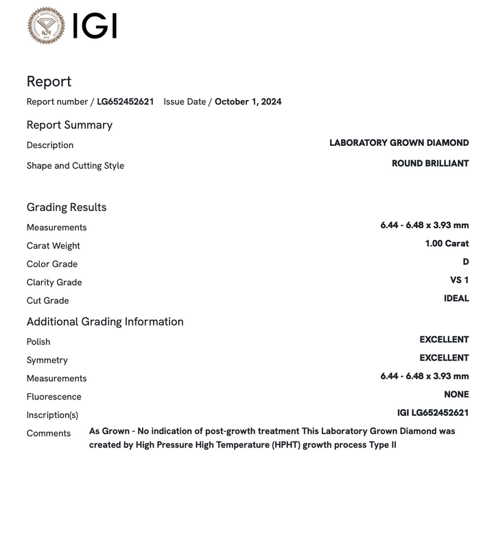 1.0 Carat Round Lab Grown Diamond (IGI)