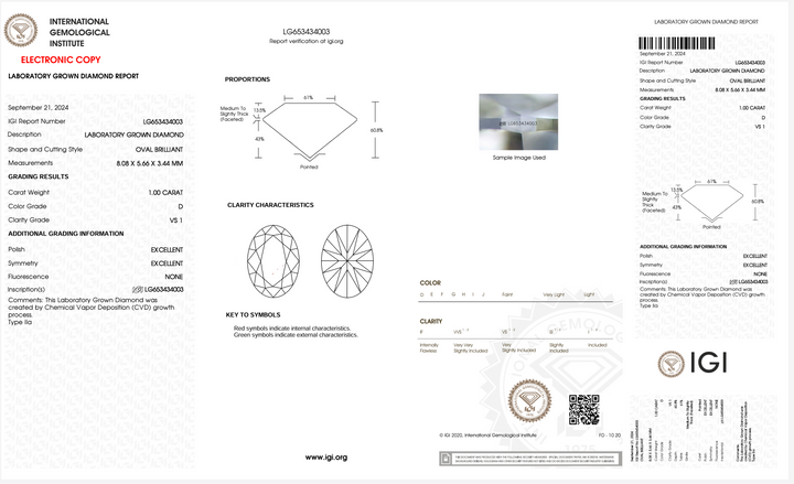 1.0 Carat Oval Lab Grown Diamond (IGI)