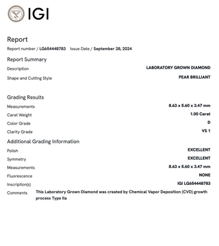 1.0 Carat Pear Lab Grown Diamond (IGI)