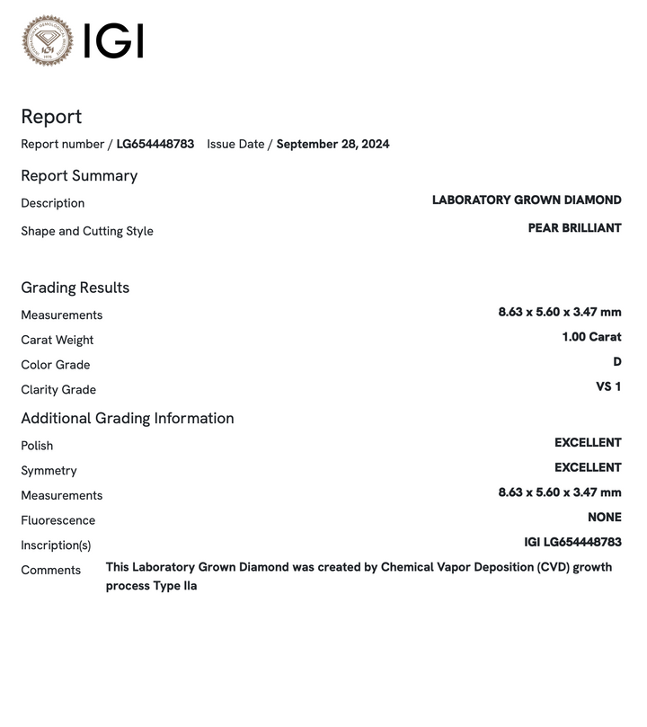 1.0 Carat Pear Lab Grown Diamond (IGI)