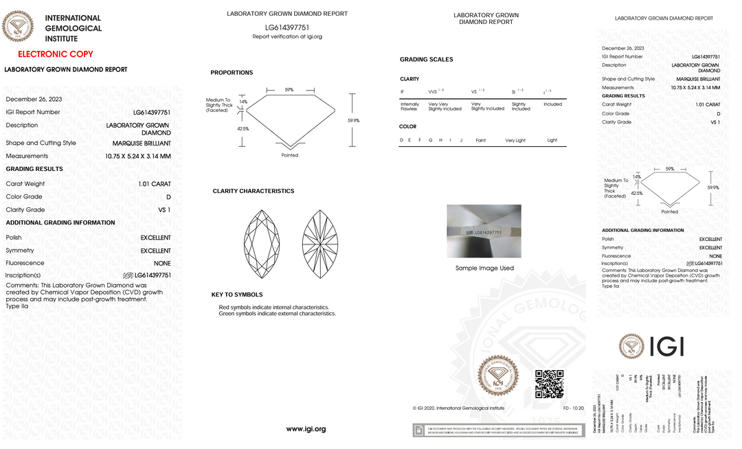 1.01 Carat Marquise Lab Grown Diamond (IGI)