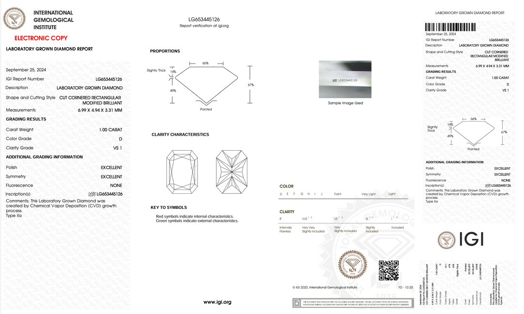 1.0 Carat Radiant Lab Grown Diamond (IGI)