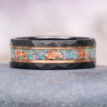 Light Blue Fire Opal & Rose Gold Leaf Wedding Band- 8MM Black Tungsten with textured black edges, vibrant blue opal inlay, and delicate rose gold leaf accents by Aquamarise.