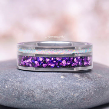 Galaxy Amethyst & Fire Opal Wedding Band- 8MM Tungsten Carbide featuring crushed purple amethyst and iridescent fire opal inlays with a polished durable silver band by Aquamarise.