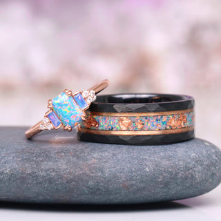 Light Blue Fire Opal & Opalescent Sapphire Engagement Ring in 14k Rose Gold Vermeil