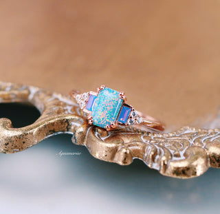 Light Blue Fire Opal & Opalescent Sapphire Engagement Ring in 14k Rose Gold Vermeil