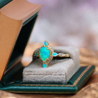 Blue Fire Opal & Crushed Diamond Couples Ring Set