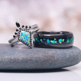 Galaxy Green Fire Opal Couples Ring Set
